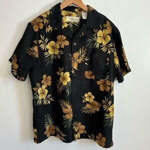 Penman’s Men’s Medium Black Yellow Floral Hawaiian Camp Button Down Shirt Beach
